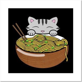 Cute cat eating ramen noodles Posters and Art